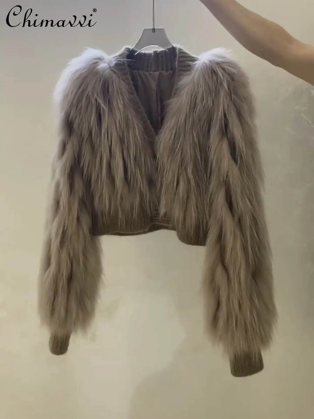 

Korean Style Fashionable Knitted Stitching Fox Fur V-neck Fur Coat Women's Autumn and Winter Short Long-Sleeved Sweater Cardigan