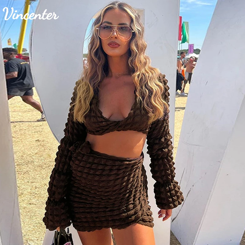 

Y2k Autumn Ruched Unfairness 2 Two Piece Set Women Solid Low V-Neck Sexy Long Sleeve Top Slim Fit Lace Up Short Skirt Set