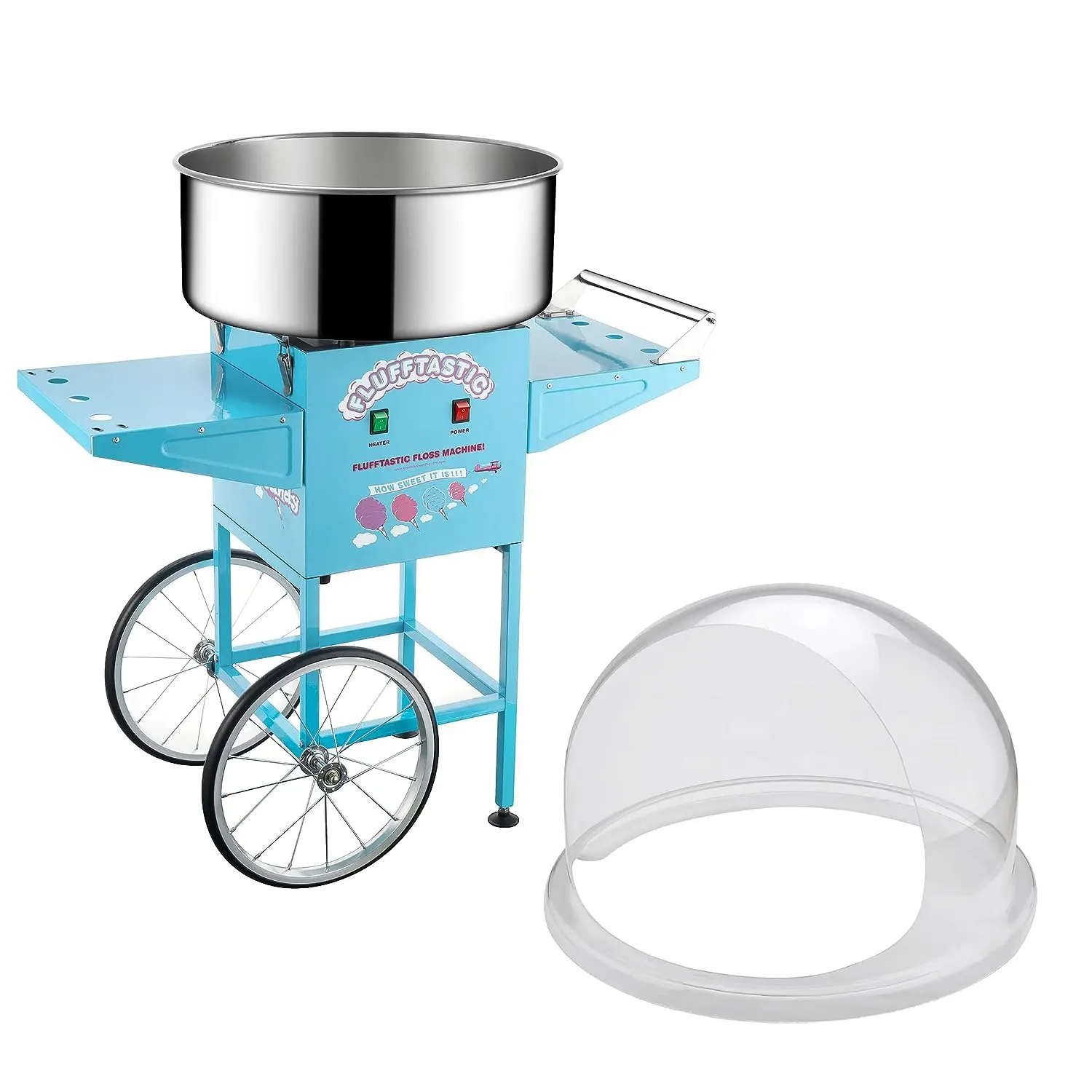 

Candy Machine \u2013 Flufftastic 1000W Floss Maker with Cart, 13-Inch Wheels, Dome Shield, and Stainless-Steel Pan by (Blue), 3