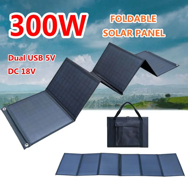 Panel Solar plegable portátil de 300W, bolsa de células solares, doble USB + cargador Solar CC, Banco de energía al aire libre para generador de energía de batería móvil