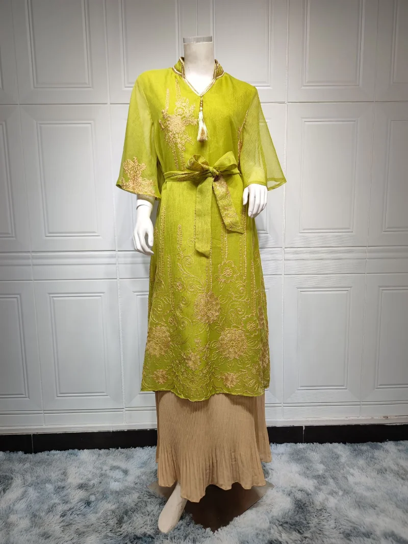 2023 Spring Summer Muslim Women V-neck Polyester Blue Dark Blue Dark Green Long Pleated Abaya Muslim Fashion Dress Abaya Dress