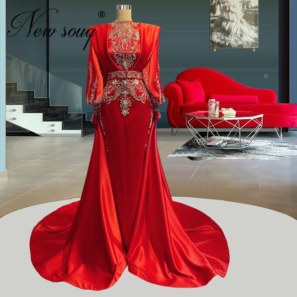 

Two Pieces Red Appliques Beaded Evening Dresses Luxury Long Mermaid Prom Dress 2022 Saudi Arabic Party Gowns Dubai Robes Soiree