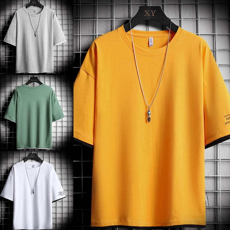 

Men Summer Short Sleeve Drop Shoulder T-Shirt Harajuku Letters Printed Solid Color Pullover Tops Casual Loose Streetwear