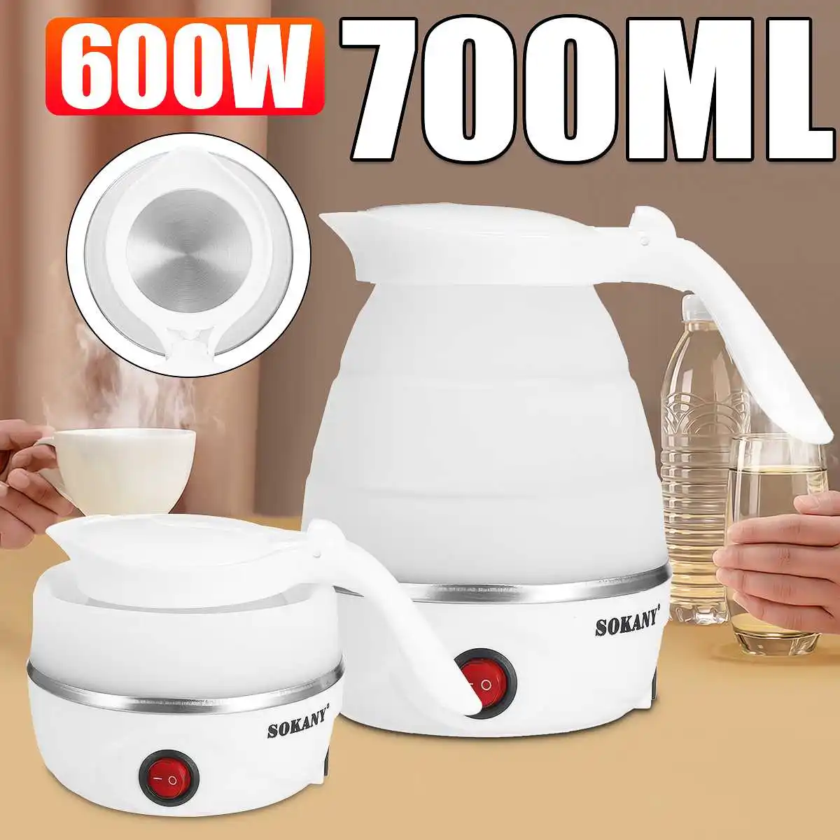 

SOKANY New Travel Household Folding Kettle Silicone Portable Kettle Mini 700ml Compression Foldable Leak Proof Electric Kettle