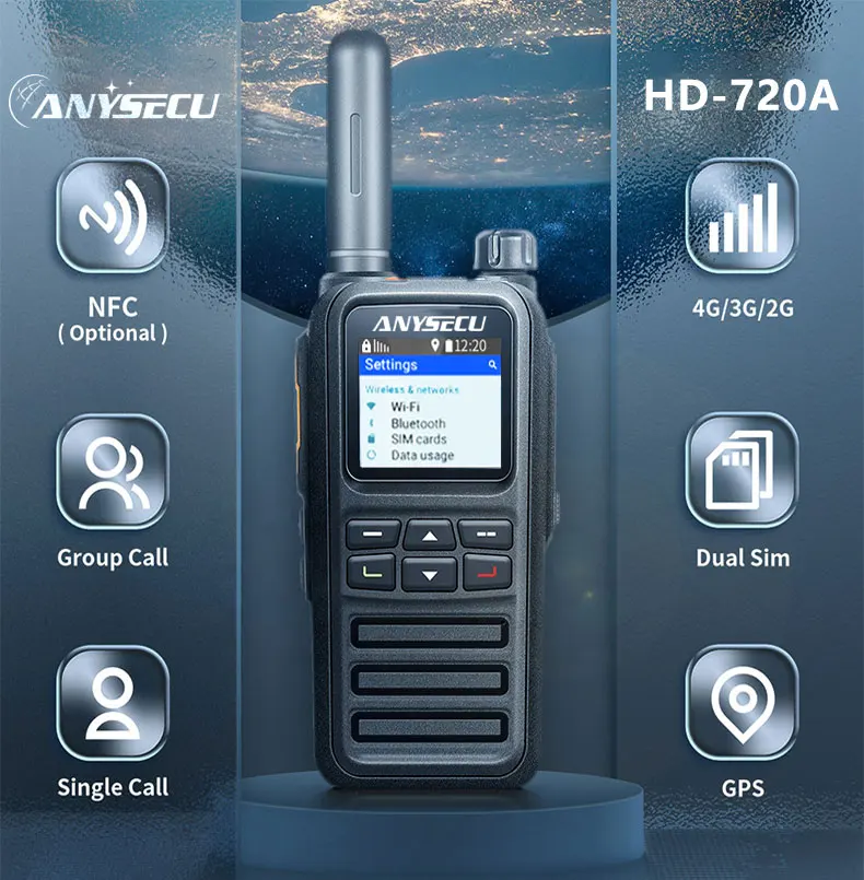 ANYSECU HD-720A Unlocked Android Radio Work with Zello / Real PTT /Walkie Fleet Wifi Radio 500KM Talk Range Waterproof