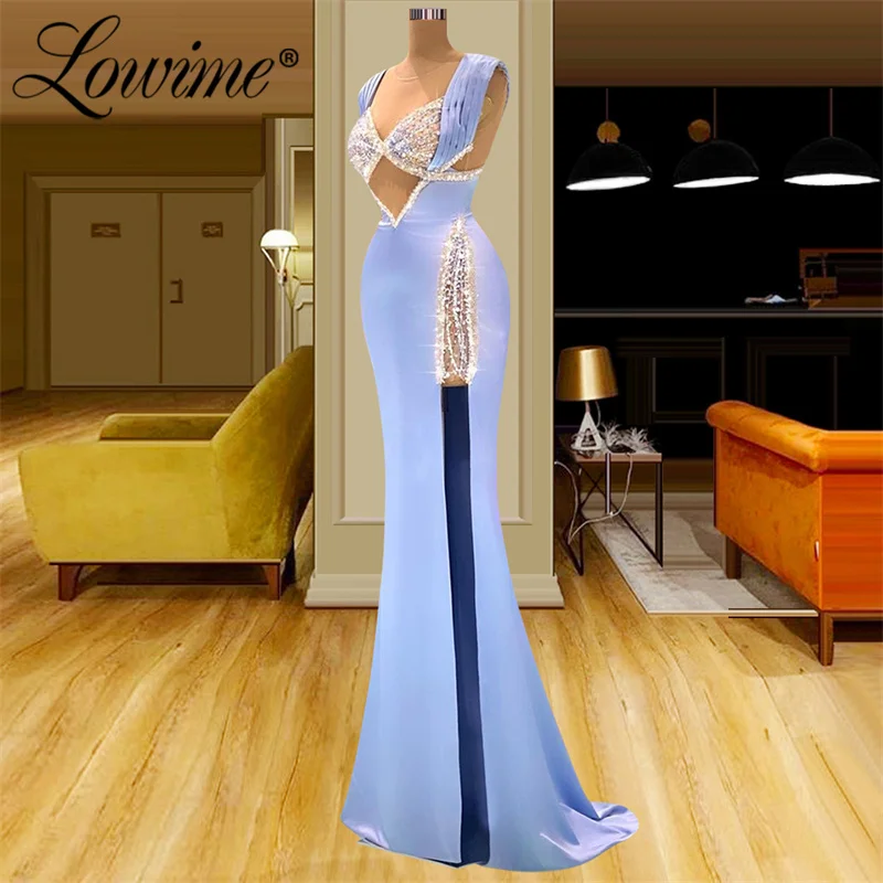 

Lowime Blue High Split Evening Dresses Mermaid Long Party Dress Shiny Crystals Pearls Beaded Long Prom Gown Robes De Soiree 2023
