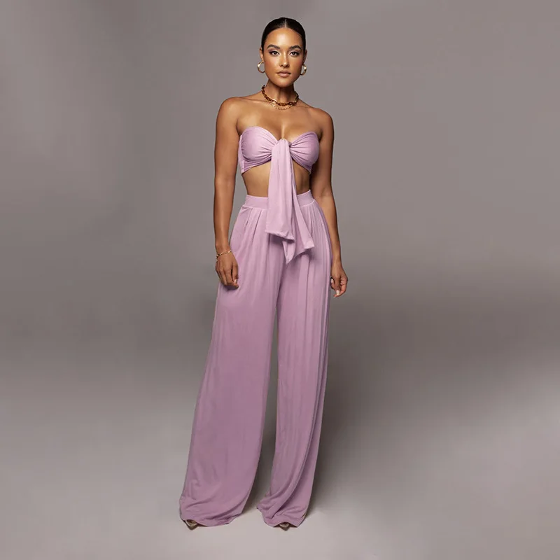 

2022 Summer Women Sexy Solid Color Lace-up Bandeau Top High-waist Slim Wide-leg Pants Two-piece Set