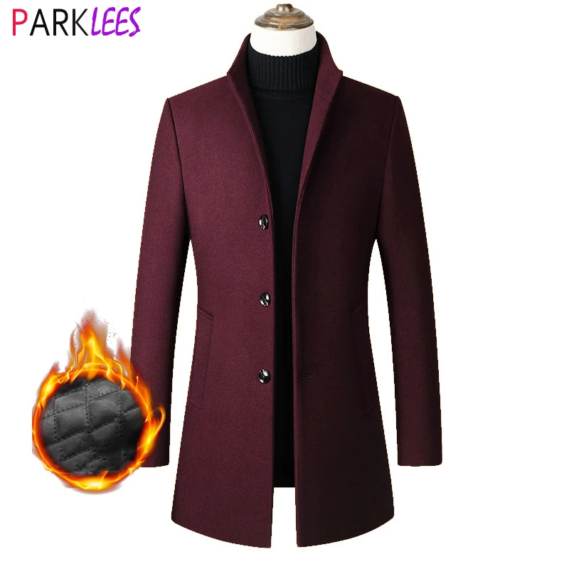 

Wine Red Long Wool Trench Coat Men 2022 Winter New Stand Collar Quilted Lined Woolen Peacoat Brand Slim Fit Cashmere Overcoat