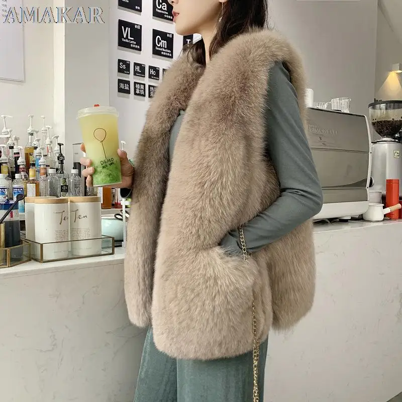 Winter BIGSALE Real Fox Fur Vest Natural Genuine Leather Fox Fur Long Vest Real Gilets Women's Full Pelt Waistcoat enlarge
