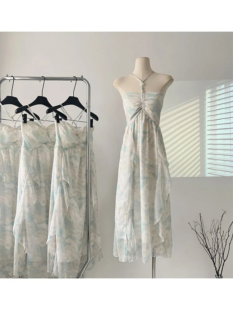 

Summer Women Spaghetti Strap Frocks Fairy Dress Banquet One-Piece Clothing Floral Sparkly Prom Gown French Style Luxury Elegant