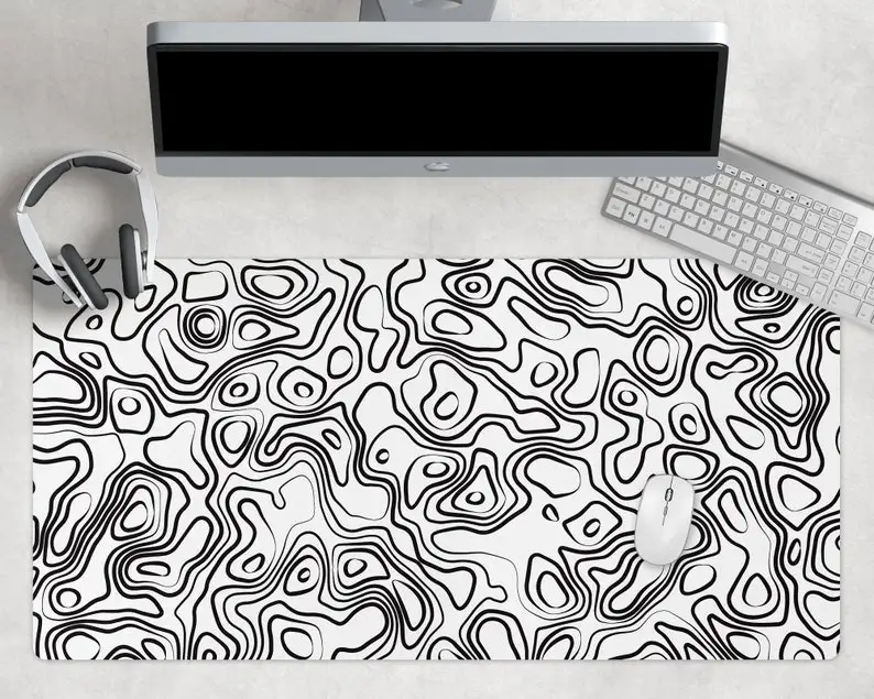 

White Topographic Desk Mat, Black Gaming Desk Mat, Extended Mouse Pad, Topography Desk Mat, Extra Large Desk Mat Keyboard,