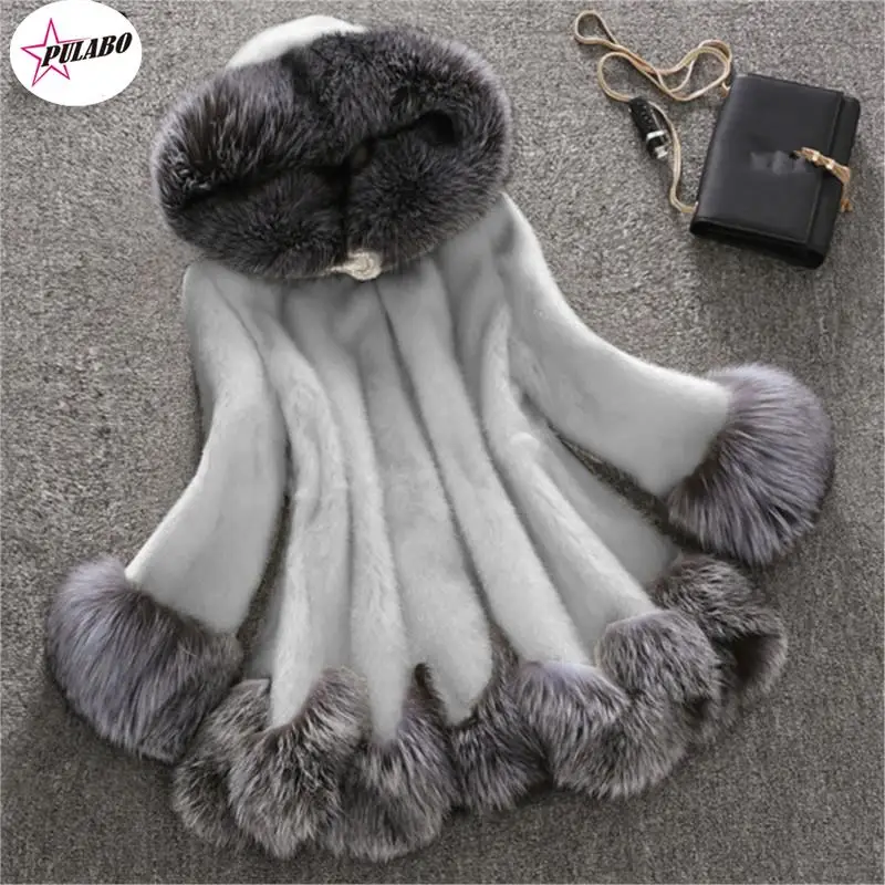 

PULABO High Quality Autumn Winter Faux Fur Coat Women S-10XL Mink Fur Fox Fur Collar Hooded Jacket Female Slim