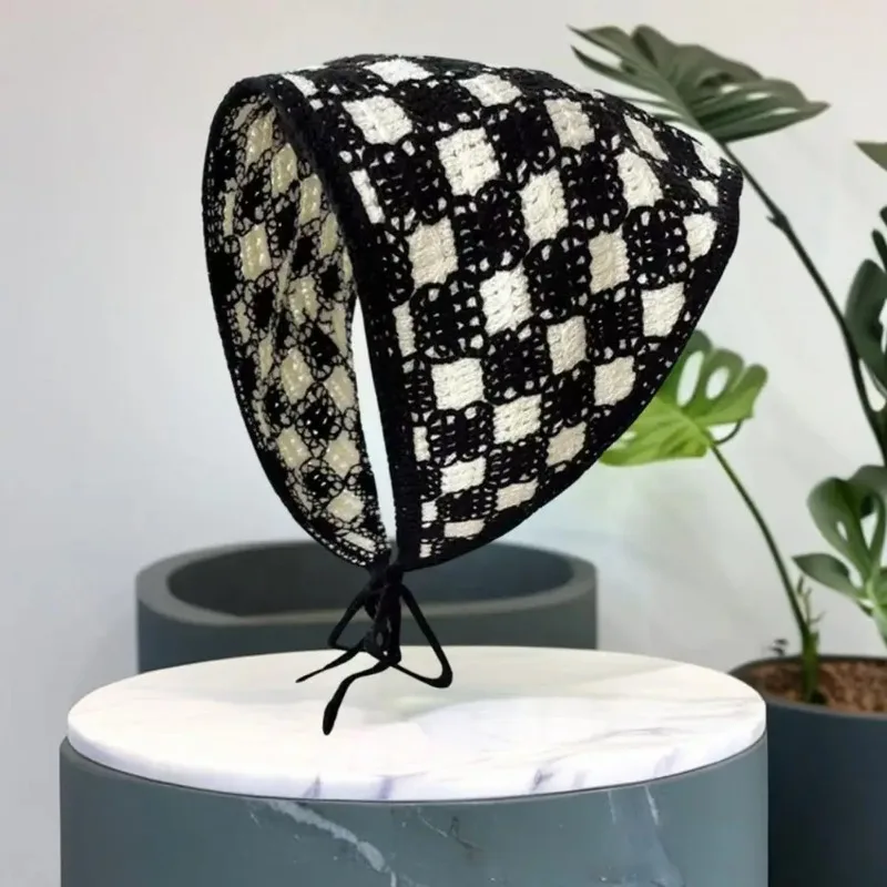 Вязаный треугольный шарф повязки на голову женский вязаный платок с клетчатым