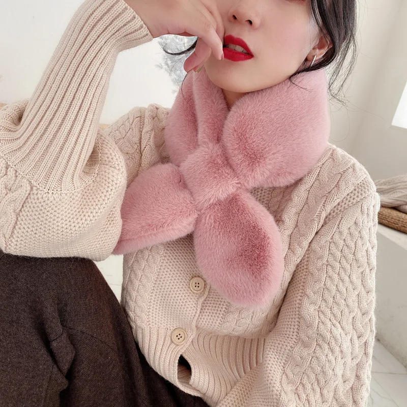 

Женский воротник из искусственного кроличьего меха шарф милые шарфы из искусственного меха теплый толстый зимний шарф с перекрестным мехо...