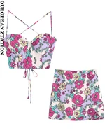 pailete women 2022 fashion backless with ties floral print crop tank tops or floral print high waist mini skirt two pieces sets