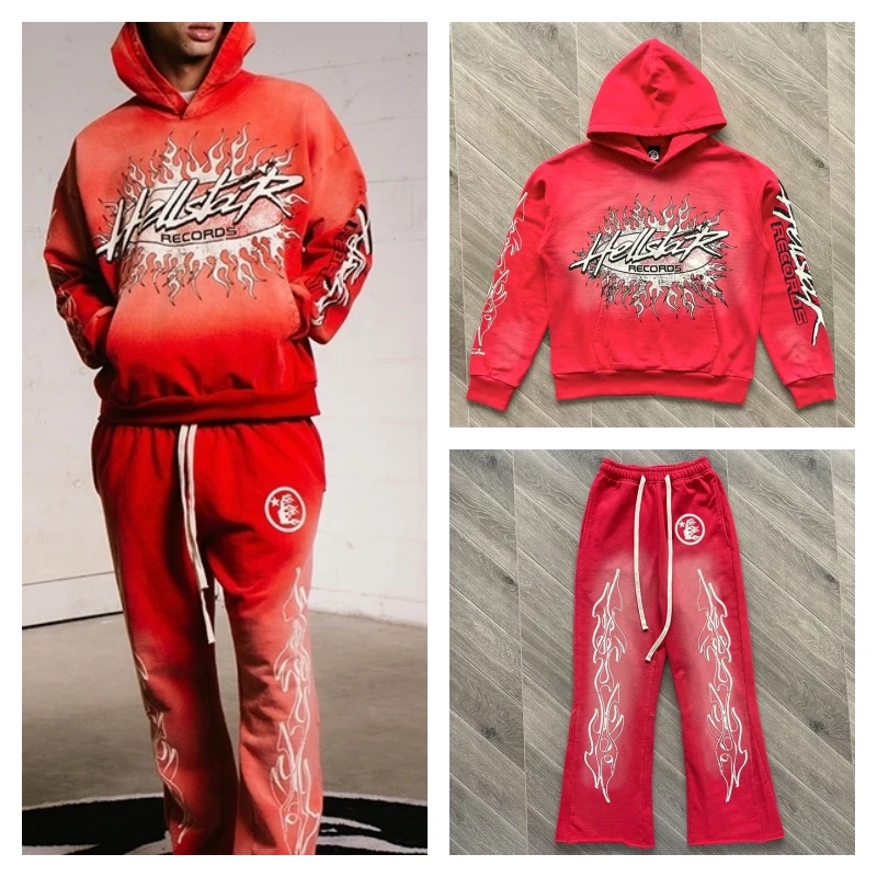 

High Street Flame Red Vintage Do Old Mud Print Hellstar Hoodie for Men's Clothes Pants Women's Sweatshirt Couples Same Style