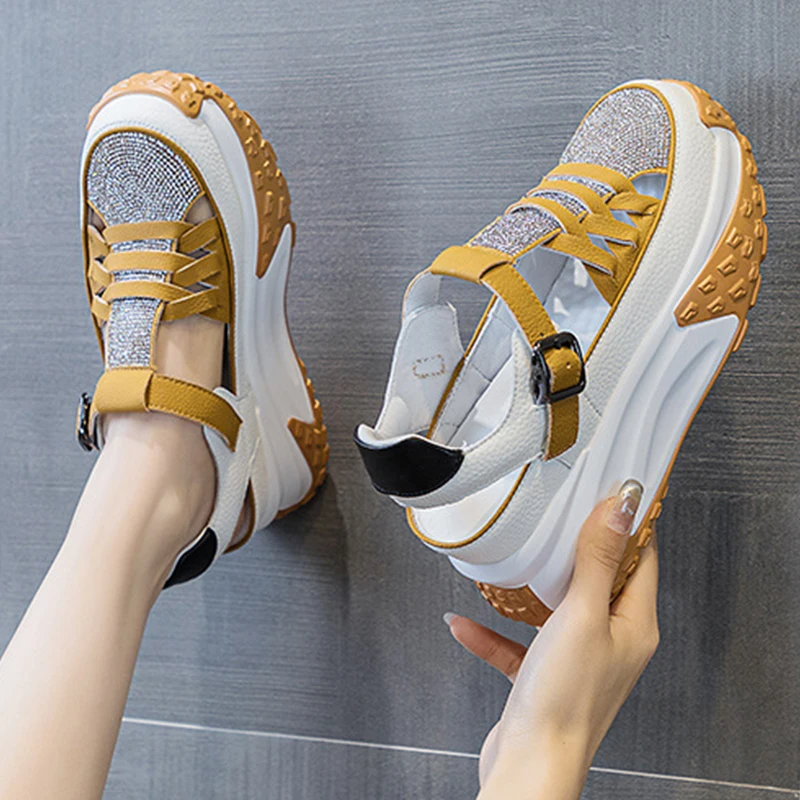 Rhinestones Deco Genuine Leather Comfy Hollow Sandals Breathable Shoe Chunky Sneakers Spring Summer Platform Wedge Women Shoes