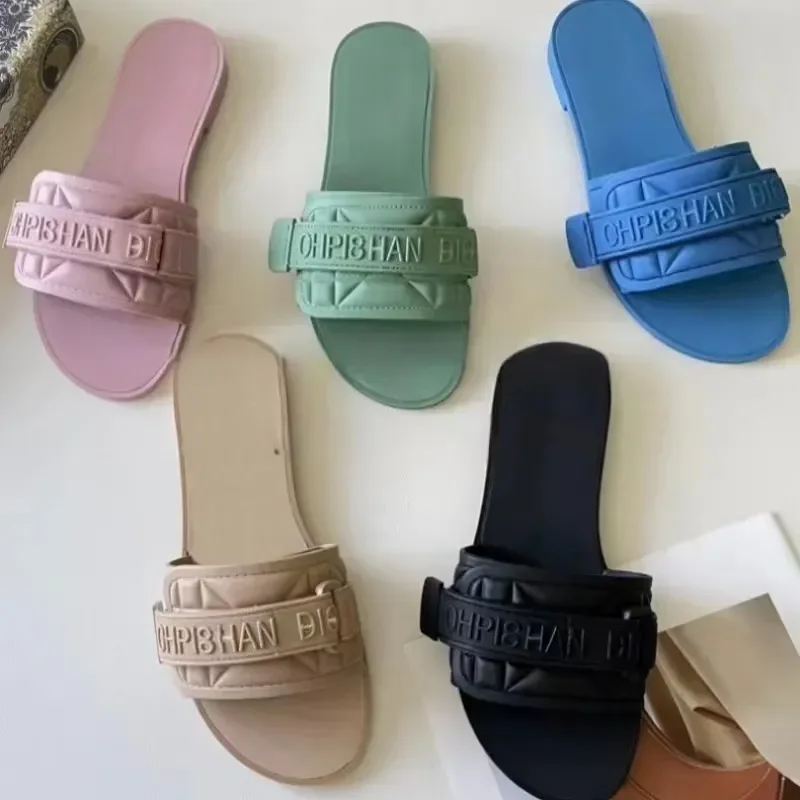 

Slippers Women's Free Shipping 2023 Summer Wear New One-Word Flat Velcro Letters All-Match Beach Casual Large-Size Sandals