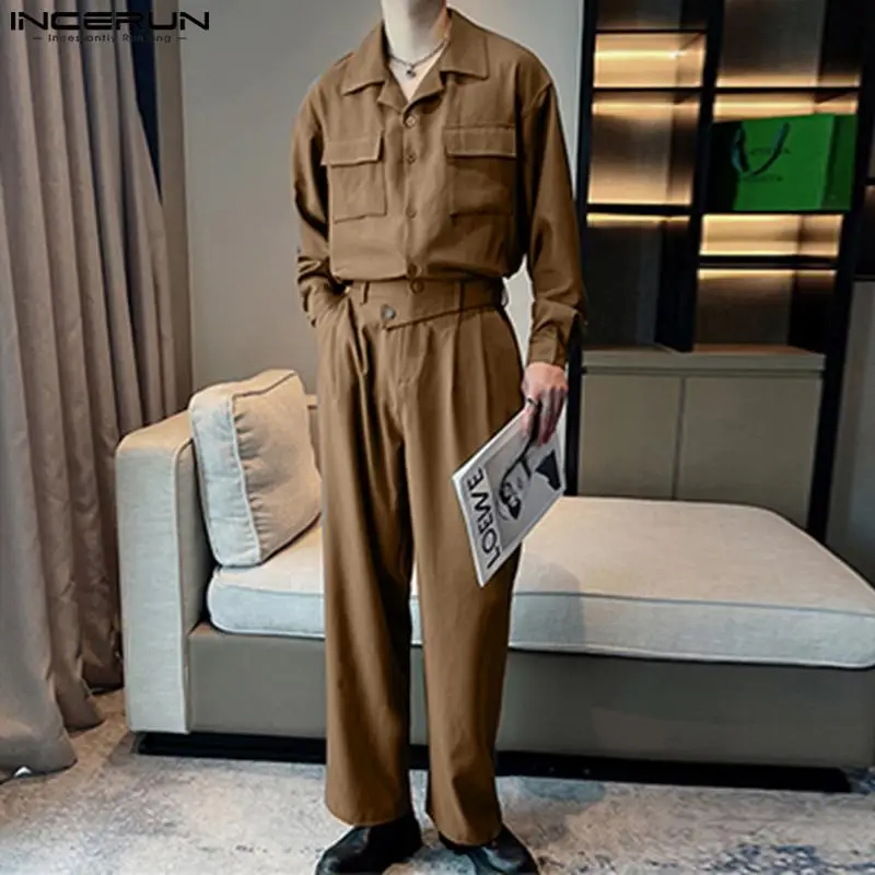 

Men Sets Solid Color Streetwear Lapel Long Sleeve Pockets Shirt & Straight Pants 2PCS 2023 Loose Men Casual Suits S-5XL INCERUN