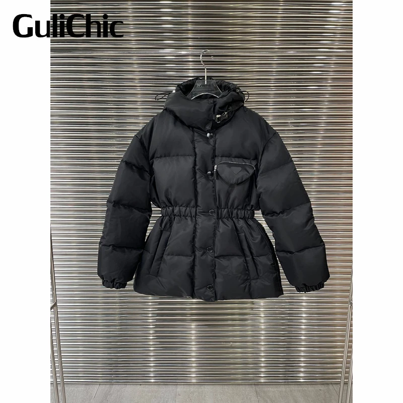 

10,11 GuliChic, Женский Черный пуховик средней длины на завязках с капюшоном