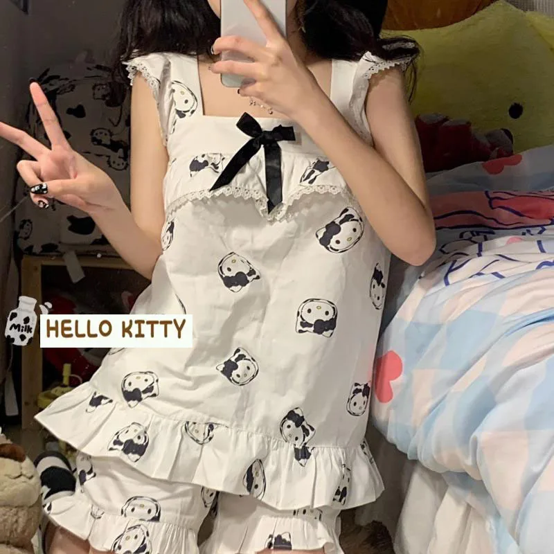 

Пижама Hello Kitty на бретельках, милый спортивный костюм для студентов, комплект из двух предметов, мягкая удобная ночная рубашка с мультяшным п...