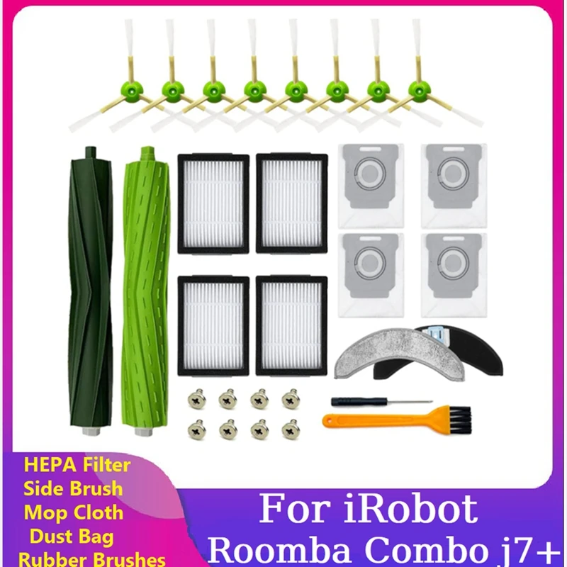 

22PCS Replacement For Irobot Roomba Combo J7+ Vacuum Cleaner Rubber Brushes Filters Side Brush Mop Cloth Dust Bag