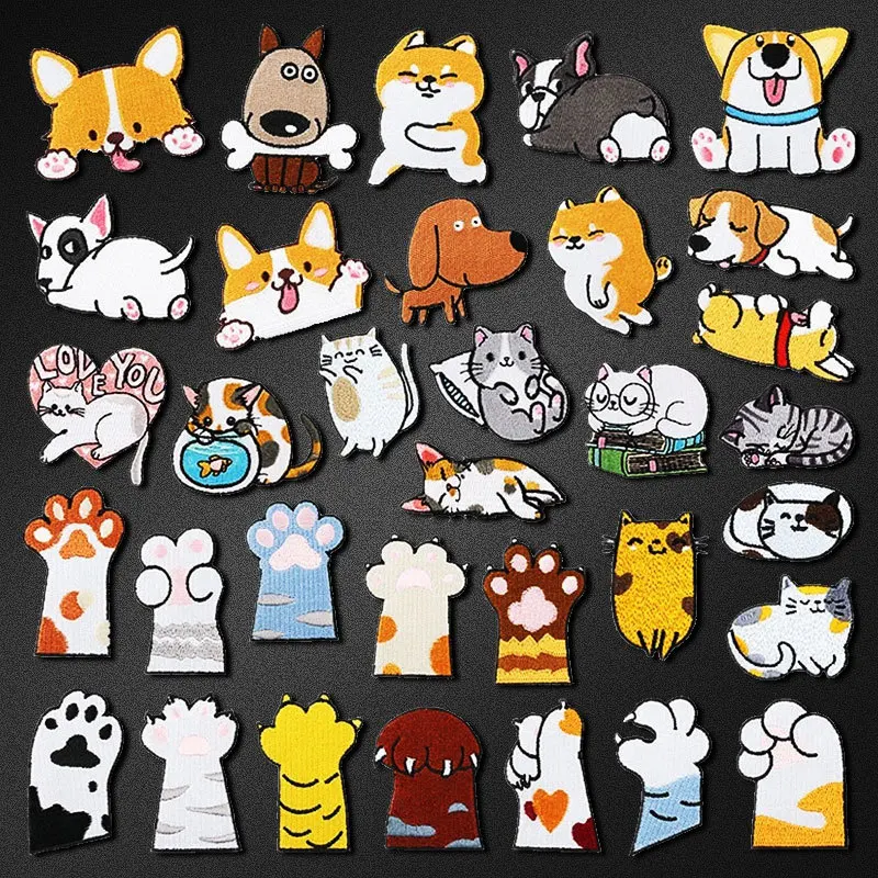 

Cartoon Cat Dog Patch Corgi Bulldog Husky Paws Embroidery Iron On Puppy Patches For Clothing decorate