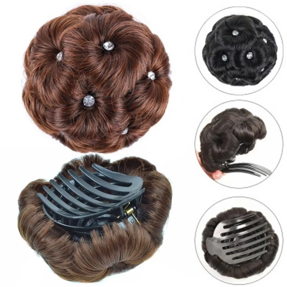 

Elastic Hair Extension 9 Flowers Faux Crystal Synthetic Bun Bridal Donut Chignon