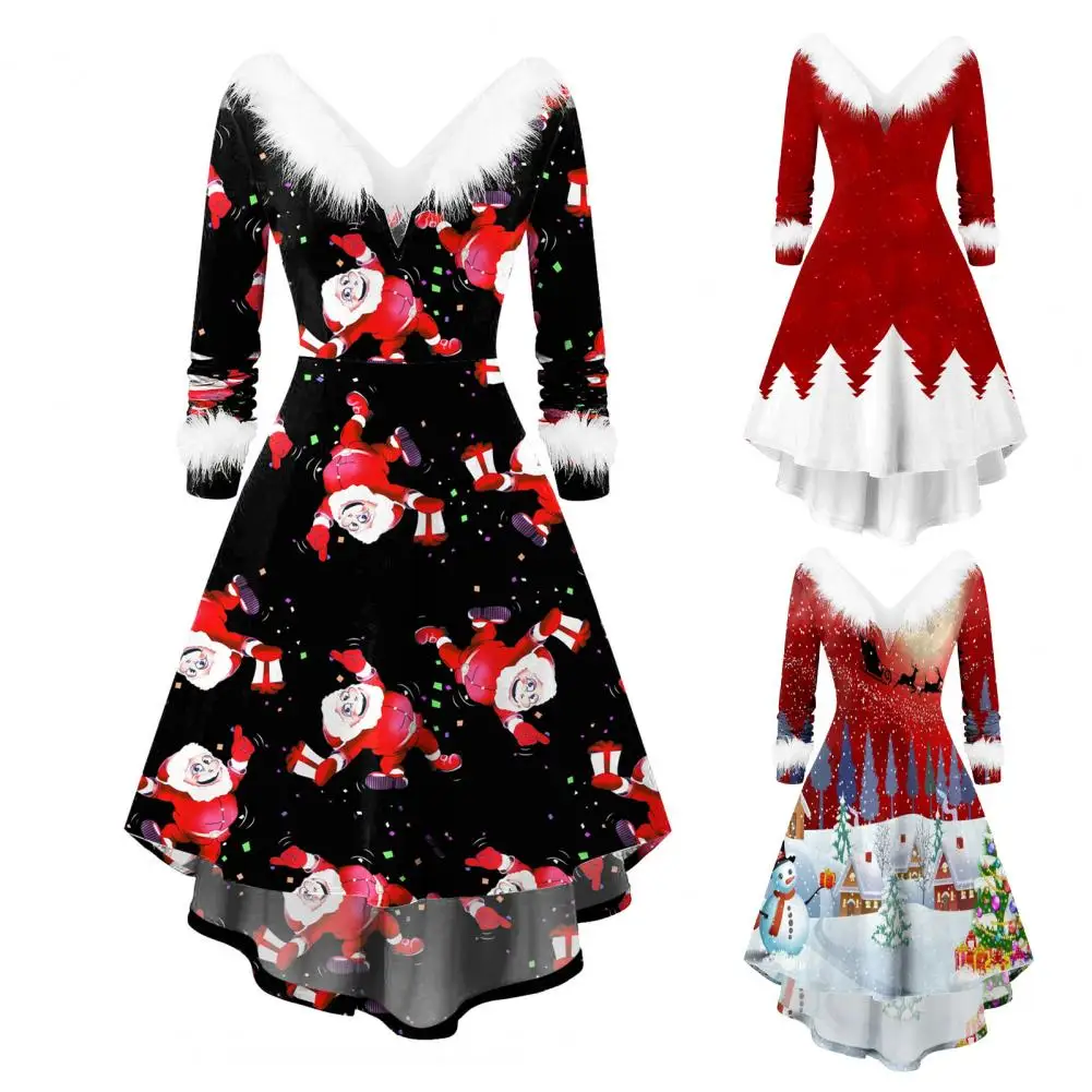 

Рождественское платье-качели с V-образным вырезом и принтом Санта-Клауса, осенне-зимнее платье с рисунком снеговика, костюм с обычным рукаво...