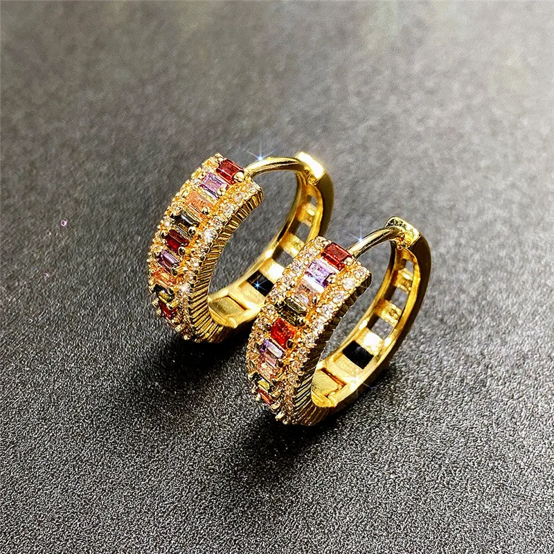

New Rainbow Rectangular Cubic Zirconia Hoop Earrings for Women Bling Luxury Wedding Accessories Party Fashion Jewelry