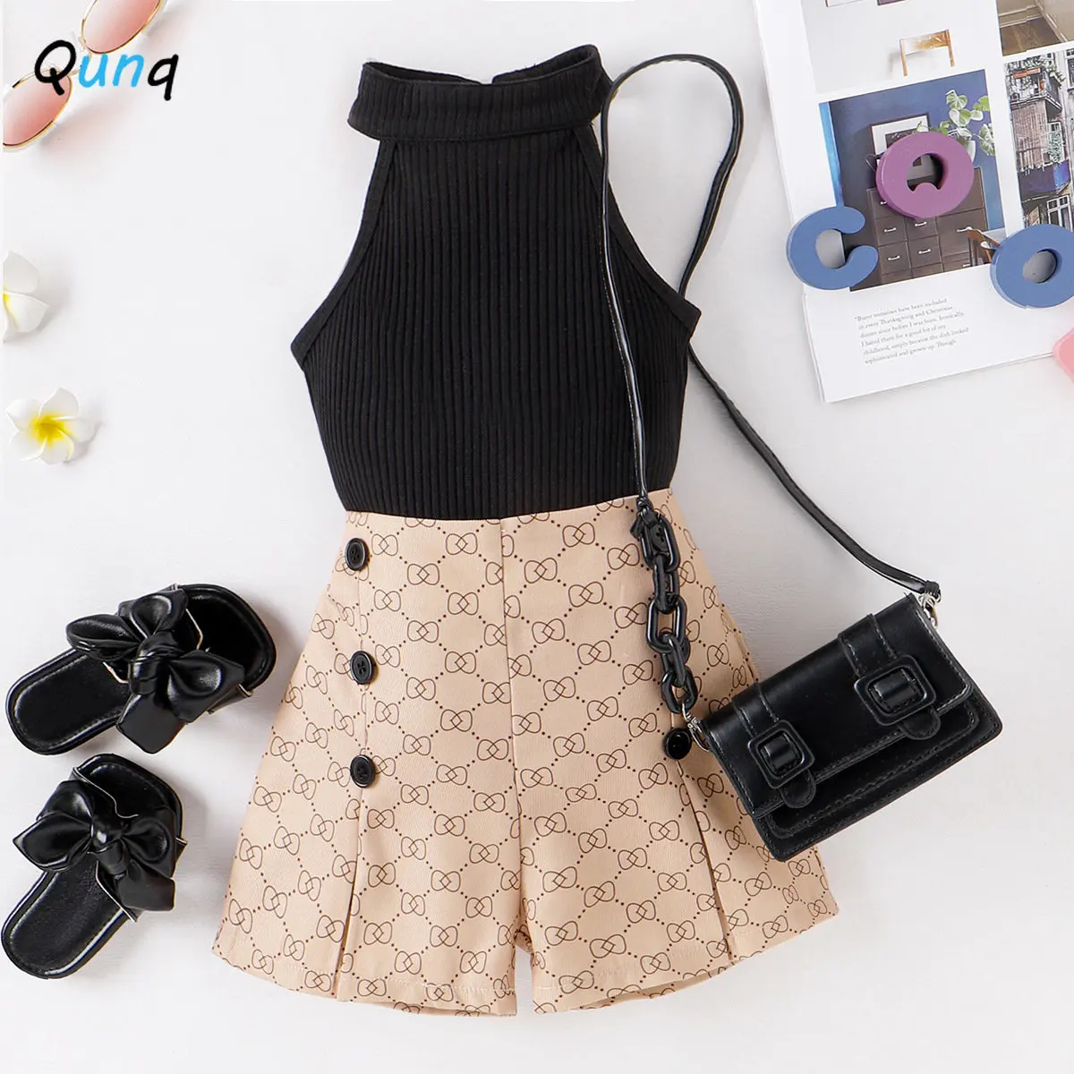 

Qunq 2023 Summer New Girls Solid O Neck Sleeveless Halter Top + British Print Shorts 2 Pieces Set Casual Kids Clothes Age 3T-8T
