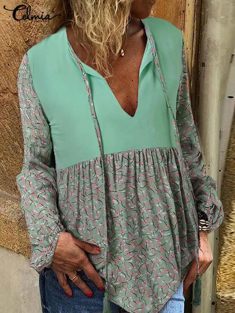 

2022 Summer Women Floral Print Blouse Celmia Bohemian Long Sleeve V-neck Tunic Casual Loose Bandage Shirt Elegant Stitching Tops