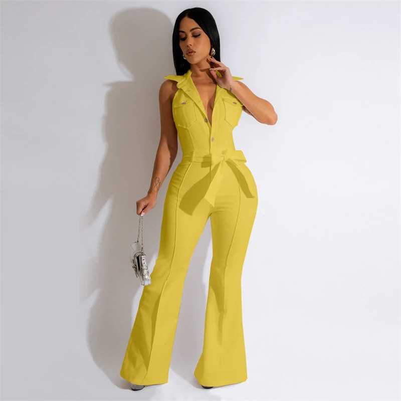 Solid Elegant Women Flare Jumpsuits Turn Down Collar Sleeveless Single Breasted Buttons Boot Cut Casual Rompers Female Overalls