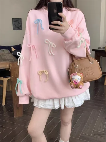 Sweatshirt Women Sweet Bow Autumn Winter Loose O Neck Lovely Girl Fashion Hoodies Long Sleeve Pullover Casual Streetwear