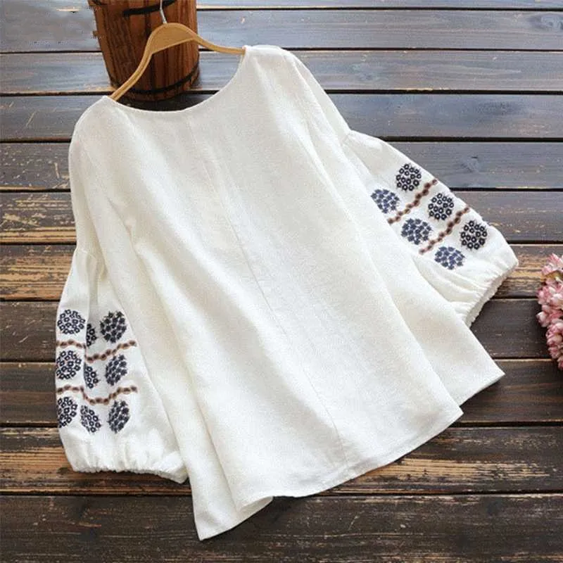 

Fashion Woman Blouse 2023 Autumn New Elegant Embroidered Lantern Sleeve Loose Casual Shirt Women's Floral Crew-neck Top
