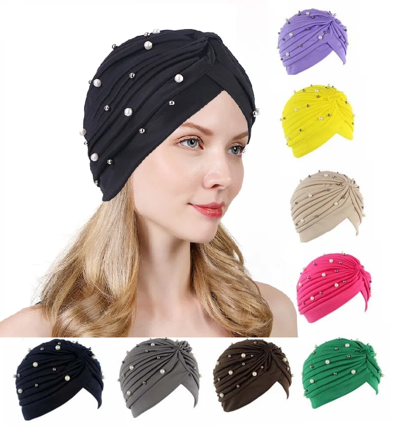 

Women Muslim Pearl Beads Elastic Turban Bonnet Scarf Islamic Inner Hijab Caps Arab Head wrap Hijab femme musulman turbante mujer