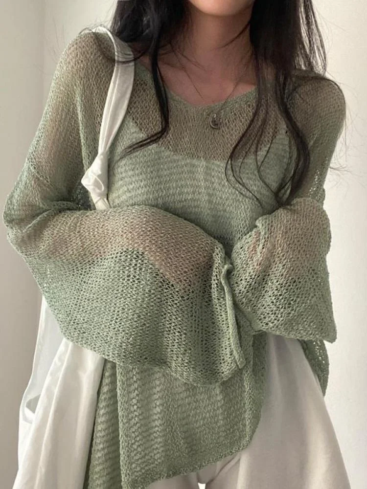 

Women's Top Mesh Thin Fashion Women Sweater Y2k Top Pullover Long Sleeve Hollow Out Hole Vintage Knit Jumper Women Korean Cloth