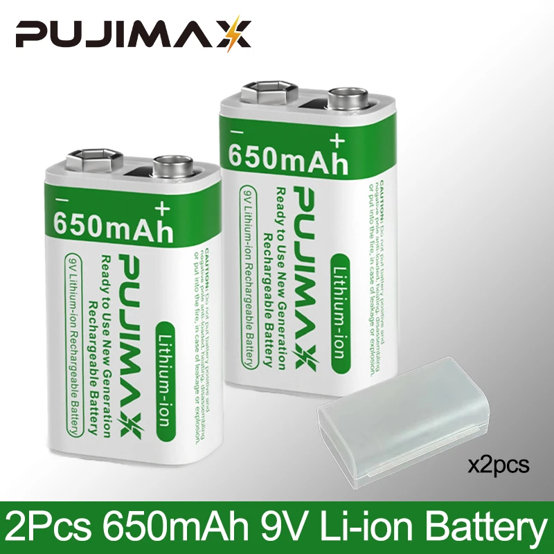 

PUJIMAX New 2Pcs 9V Square Battery 650mAh Rechargeable Lithium Battery Mercury Free Cadmium Free For Smoke Detector Microphone