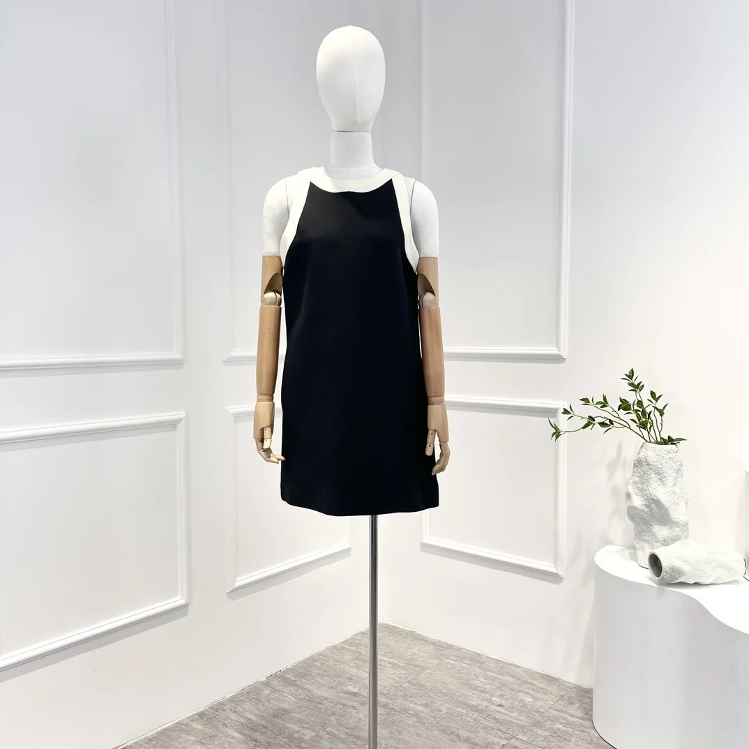 

O-neck Sleeveless Mini Black Dresses New Arrival 2022 Autumn Top Quality Silk Wool White Edge Elegant Women Clothing