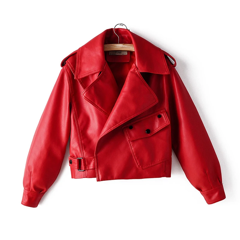 Casual Black PU Leather Jacket Women's Lapel Pocket Short Wash Faux Leather Jacket Zipper Motorcycle Red Leather Jacket
