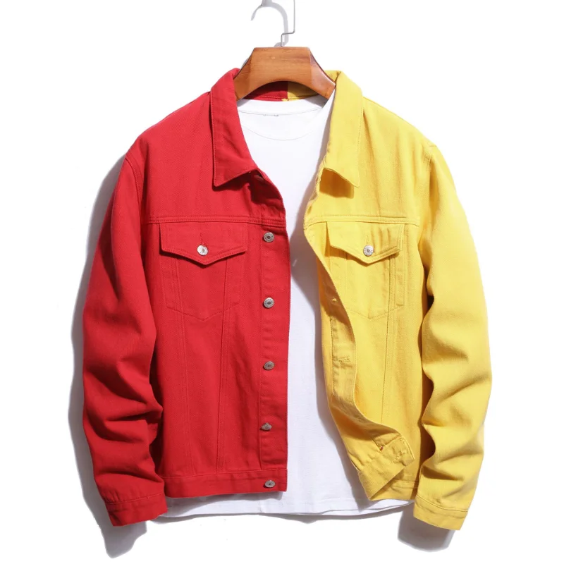 

2022 Men's Red Yellow Spliced Denim Jacket Streetwear Loose Casual Jean Coat Two-color Patchwork Top Outerwear Oversized