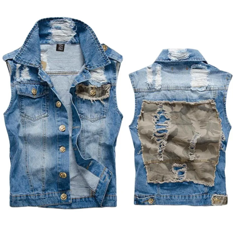

Ripped Denim Jacket Men's Denim Vest Hip Hop Jean Coats Waistcoat Men Cowboy Brand Sleeveless Jacket Asia Size M-6XL