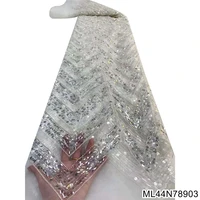 high quality african white tulle lace fabric with beaded tube and sequins french embroidery net lace for party dress ml44n789