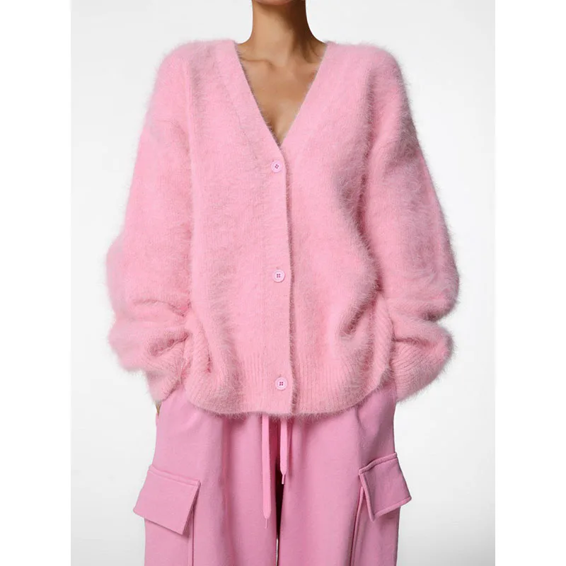 Женский шерстяной вязаный кардиган с длинным рукавом и V-образным вырезом