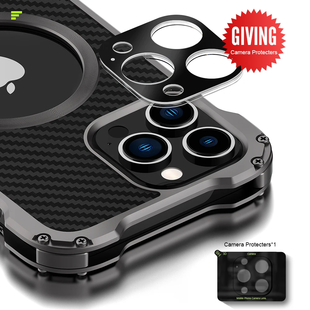 Cena R-JUST Kompatybilny MagSafe Dla IPhone 14 Pro Max Case 14 Plus Osłona Obiektywu Z Włókna Węglowego Osłona Telefonu Slim Metal Zderzak Fundas