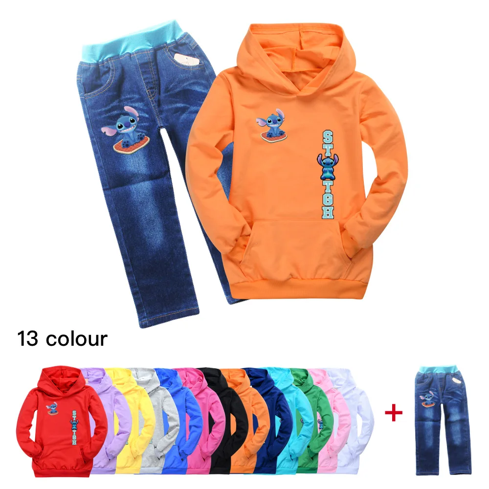 

2022 Stitch Cartoon Anime Boys and Girls Long-Sleeved Hooded T-Shirt Tops Denim Trousers Children's Casual Suits 2-16Y