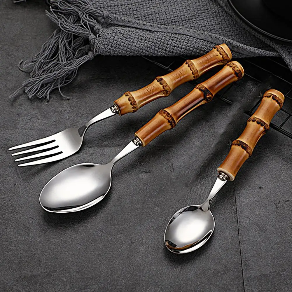 Ложка для супа вилка стейка бамбуковая ручка мяса резак десертные ложки посуда