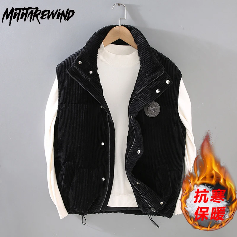 

Winter Gray Duck Down Vests for Men Daily Casual Puffer Vest Cotton Corduroy Zipper Thick Waistcoat Fashion Warm Men Clothing