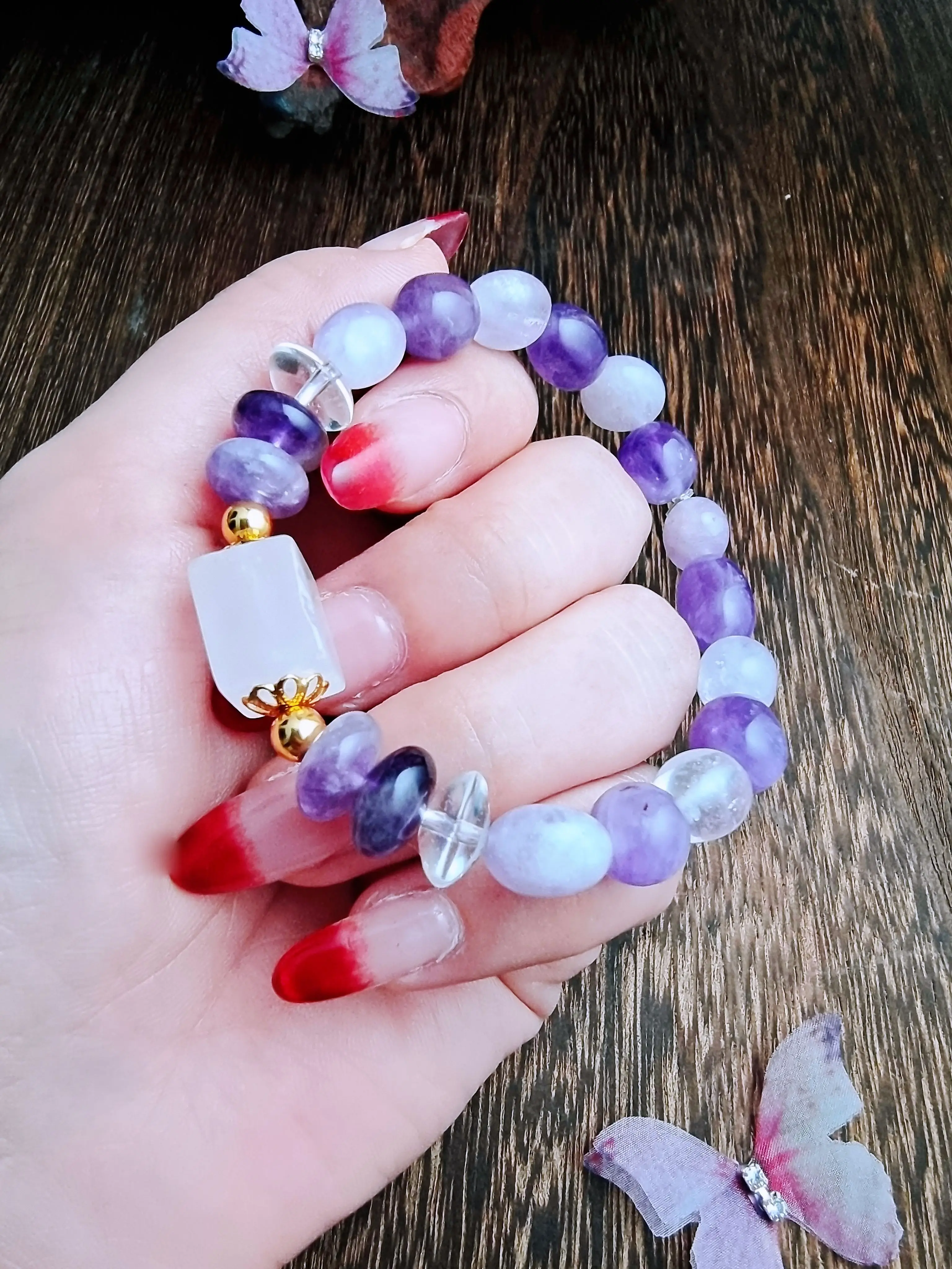 Original Design Natural Nine Purple off Fire Lucky Duobao Amethyst Bracelet Pink Square Valentine's Day Gift New