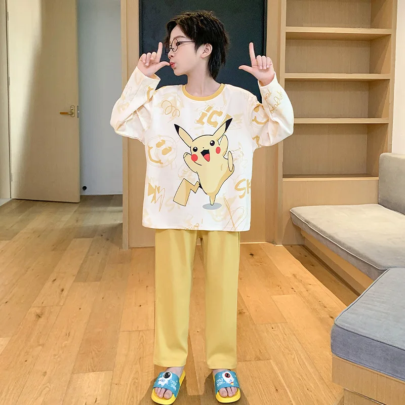 Милые пижамы для родителей и детей Аниме фигурки Пикачу взрослых Осенняя тонкая